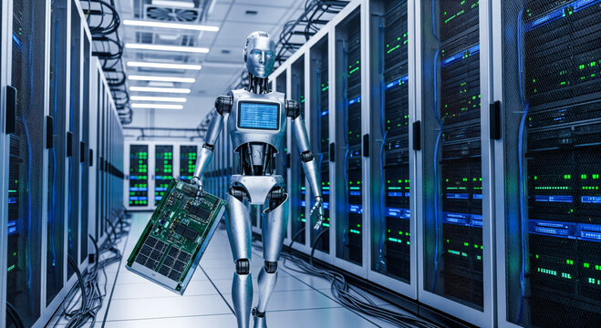 Artificial Intelligence in IT Concept with humanoid robot technician working in data center, carrying circuit board for server maintenance and network upgrade