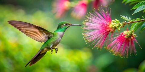 Obraz premium Vibrant Hummingbird Hovering Near Colorful Tropical Flowers