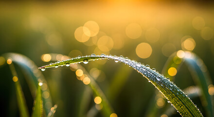 Fresh green grass with morning dew drops and sunrise bokeh background, beautiful nature scene for concepts of purity, hope, and new beginning