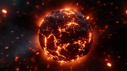 Molten lava sphere glowing with fiery cracks emitting intense heat and light dark volcanic environment creating dramatic powerful volcanic effect with sparks flying and burning embers floating dark - Powered by Adobe