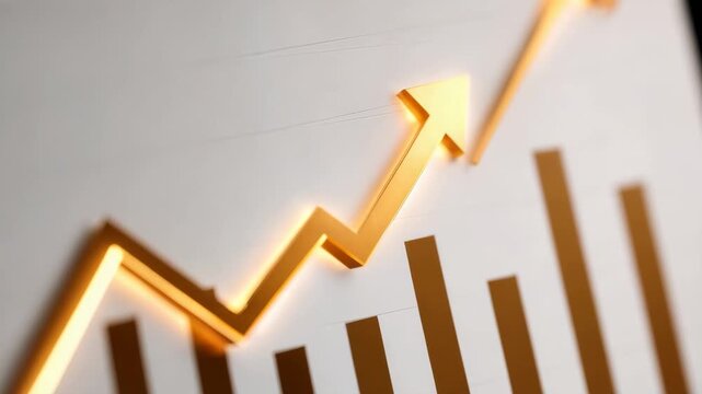 Golden arrow growth chart business success financial increase upward trend bar graph investment profit economic growth data analysis bright light positive result market performance statistics glowing
