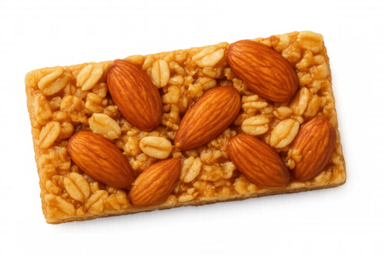 Granola bar with almonds and oats, a healthy muesli snack, gluten-free, providing energy, on transparent background