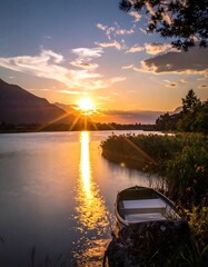 Sunset Serenity - A Tranquil Lake Scene with Boat.