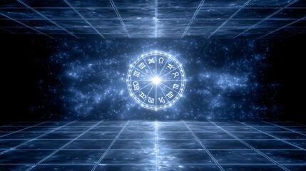 Astrological zodiac wheel on starry space background with cosmic energy tunnel effect