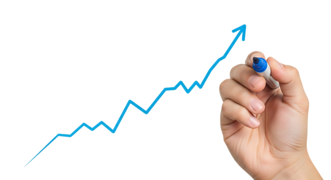 Hand, Drawing an Upward Trending Blue Line Graph with a Marker chart growth, cutout, PNG isolated on white or transparent background