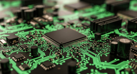 Green circuit board background with glowing tracks and central processor, computer hardware tech concept showing motherboard detail and modern electronics engineering innovation