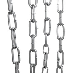 Obraz premium Close-up of several vertical, metallic chains hanging against a black background