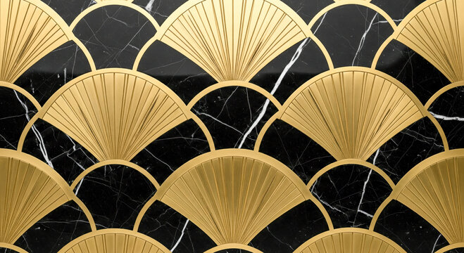 Golden art deco pattern with ginkgo leaf shapes on black marble, seamless luxury texture for vintage style wallpaper and glamour gatsby theme