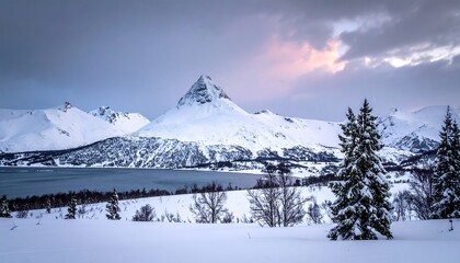 Obraz premium Snowy mountain range view; foregrounded by trees, overlooking a lake, and cloudy sky