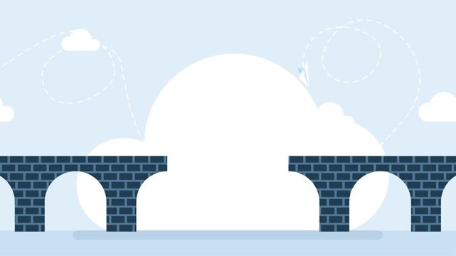 Bridge breaks, the end of the journey. Break in the brick bridge. Brick bridge with arches stretches over calm water. Clouds drift slowly across a pale blue sky. Gentle ripples. 2d flat animation