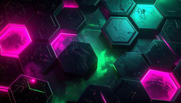 Neon Hexagon Grid - A Futuristic Abstract Design with Vibrant Colors.