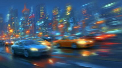 Blurred city lights and speeding cars create a dynamic and vibrant urban scene at night