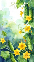 Watercolor illustration of cucumbers, leaves, and flowers
