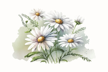 A beautiful watercolor illustration of a bouquet of daisies with delicate green leaves on an isolated white background. Perfect for floral design, greeting cards, wedding invitations, and decorative 