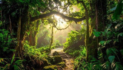 Sun shines through the dense, green canopy over a mossy path winding through a vibrant, tropical forest