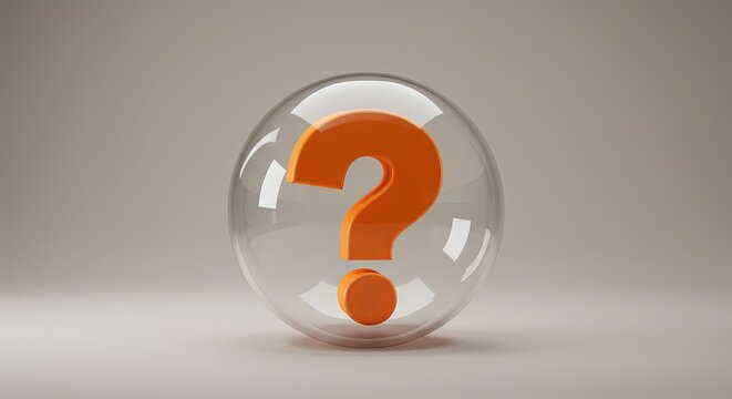 Orange question mark inside glass sphere, symbolizing questions and answers