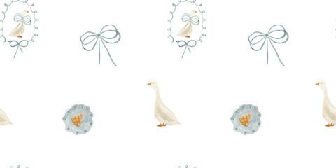 Seamless vintage pattern with white goose and blue ribbons. Cute rustic farm design, perfect for fabric, wallpaper, and wrapping paper. Transparent background.  © SophieMyWatercolor