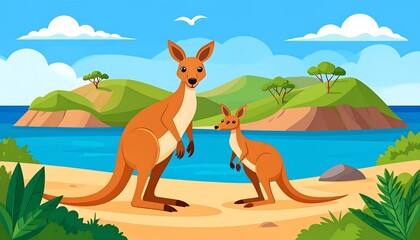 Cartoon illustration of two kangaroos, an adult and joey, on a sunny, sandy beach with a bright blue ocean backdrop