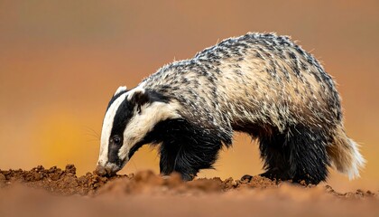 Curious badger foraging in soil, natural wildlife exploration with detailed fur texture