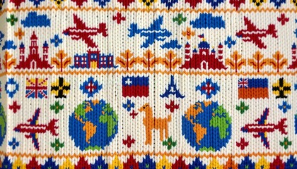 Knit pattern with travel and cultural motifs including airplanes and globes in vibrant design