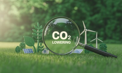 Magnifying glass highlighting CO2 lowering with renewable energy icons and greenery, ideal for promoting sustainability and environmental awareness campaigns