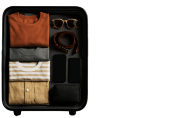 Neatly packed suitcase with folded clothes, accessories, sunglasses, and gadgets isolated on white background, ideal for clean travel layout designs. Ai generative