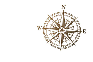 Hand-drawn brown compass rose element with cardinal directions isolated on clean white background, concept of travel and navigation. Ai generative