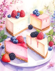 Watercolor illustration of four slices of cheesecake with fresh berries