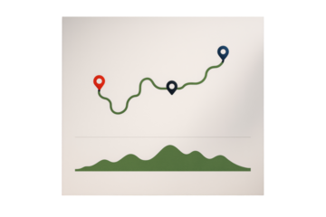 Curved travel route path with three location markers and elevation chart below, minimal abstract style on isolated white background. Ai generative