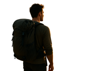 Man with large backpack facing away, isolated style on white background, concept of travel, exploration, freedom and outdoor lifestyle. Ai generative