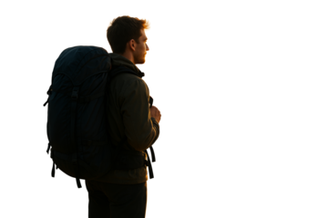 Man with backpack isolated on white background, realistic style, clean layout. Concept of travel, exploration, freedom. Ai generative