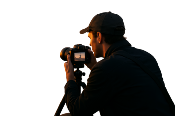 Man taking photo with DSLR camera on tripod, isolated on white background, closeup style, concept of travel and outdoor photography. Ai generative