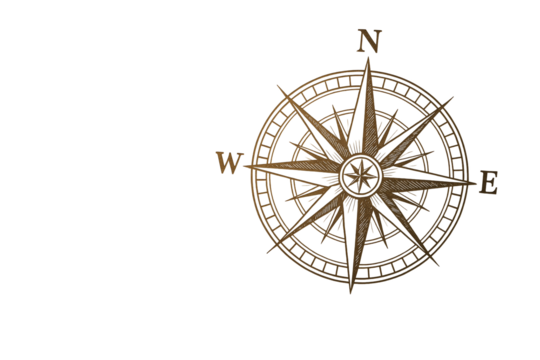 Hand-drawn brown compass rose element with cardinal directions isolated on clean white background, concept of travel and navigation. Ai generative
