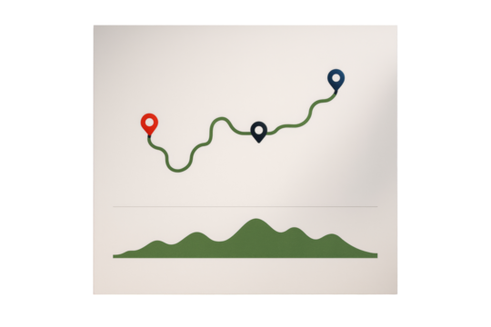Curved travel route path with three location markers and elevation chart below, minimal abstract style on isolated white background. Ai generative