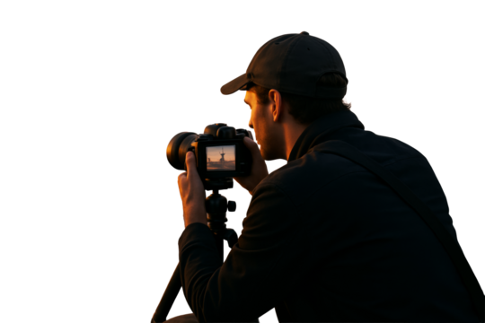 Man taking photo with DSLR camera on tripod, isolated on white background, closeup style, concept of travel and outdoor photography. Ai generative