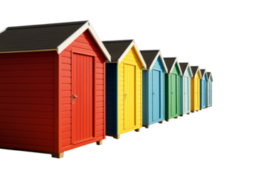 Row of vibrant beach huts in red, yellow, blue, and green tones, isolated on white background, clean layout concept, travel and summer theme, Ai generative