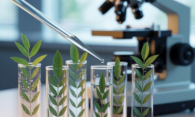 Green plant leaves in laboratory test tubes with pipette drop and microscope, ideal for illustrating biotechnology research and sustainable agriculture innovation