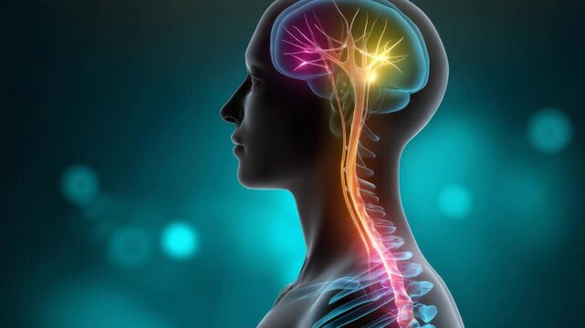 Brain and spinal cord anatomy with glowing nerve connections in side profile silhouette, illustrating neural pathways and nervous system structure in detailed medical concept view