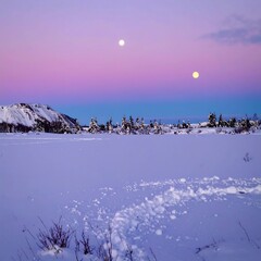 Winter landscape at dawn with two moons