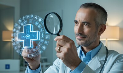 Doctor examining digital medical cross hologram with magnifying glass, ideal for illustrating futuristic healthcare technology and medical innovation concepts