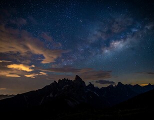 Mountain silhouettes under a starry night sky with clouds, Milky Way galaxy visible