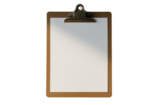 Wooden clipboard with metal clip holding blank white paper, isolated style on transparent background, concept of clean layout and design. Ai generative