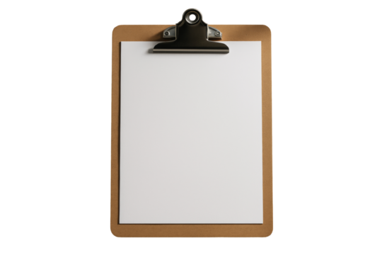 Brown clipboard with blank white paper, isolated style on clean white background, concept for design, template use, and layout element. Ai generative