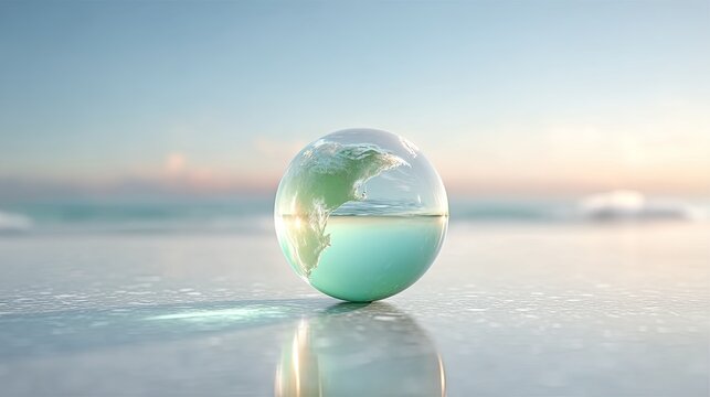 Holographic Globe Floating on Beach with Cinematic Lighting and Coastal Horizon View