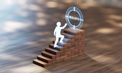 Silhouette figure climbing wooden block stairs towards glowing bullseye target, ideal for illustrating goal achievement and business success strategy
