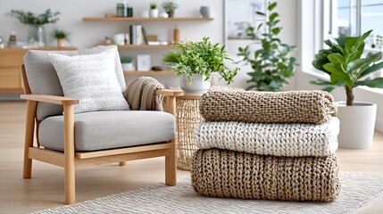 Cozy Beige Knit Blankets Stacked Next to Comfortable Chair in Modern Room
