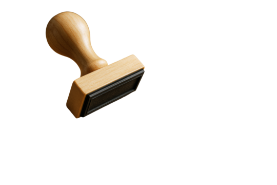 Wooden rubber stamp with black pad isolated on white background, closeup layout for office template or stationery design concept. Ai generative