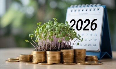 Green seedlings growing from stacks of gold coins beside a 2026 calendar, symbolizing future financial growth and sustainable investment opportunities