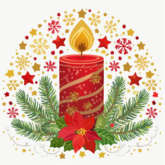 Christmas candle vector illustrations with decorative elements. Each design features a red candle with flame, surrounded by green fir branches, holly leaves with red berries, 