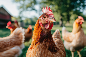 Captivating Two Vibrant Hens in a Rustic Barn, Showcasing Detailed Plumage and Countryside Charm, Generative AI